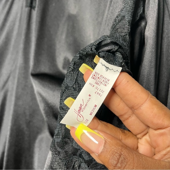 VTG 80s Henson Kickernick Women Nylon Dress Medium Black Lace High Slit - Picture 6 of 10